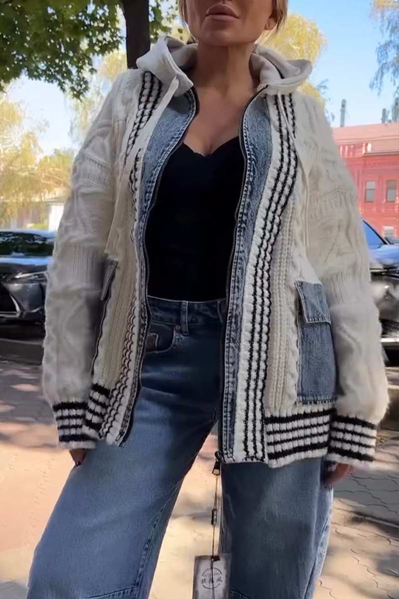 Women's Knitted Patchwork Denim Hooded Casual Coat