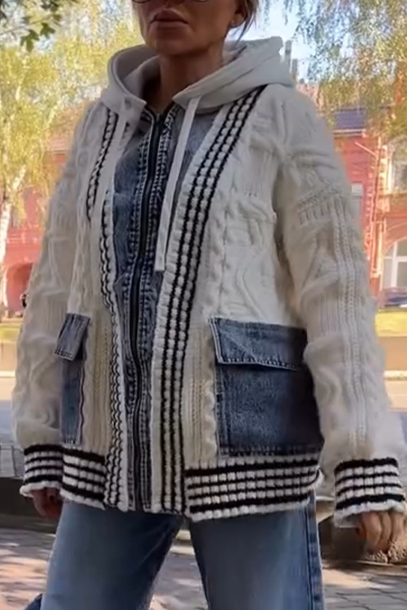 Women's Knitted Patchwork Denim Hooded Casual Coat