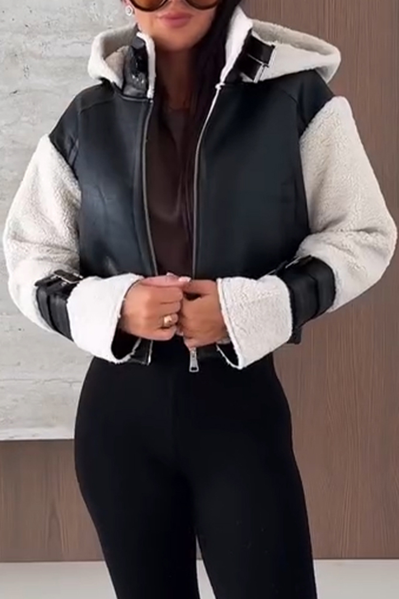 Women Lapel Leather Stitching Plush Temperament Casual Jacket