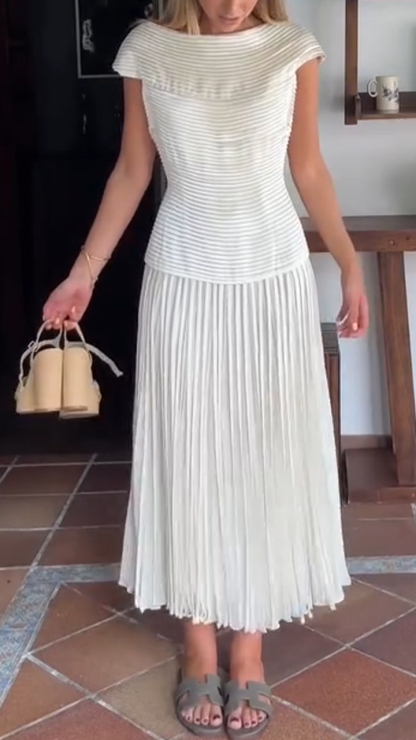 Women's Round Neck Splicing Pleated Solid Color Casual Dress