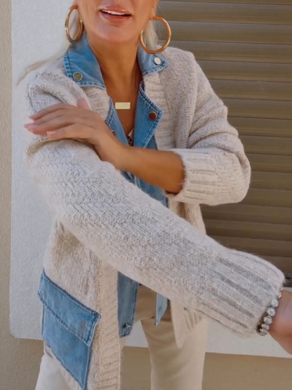 Women's Lapel Knitted Patchwork Denim Casual Jacket