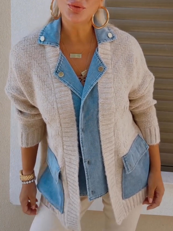 Women's Lapel Knitted Patchwork Denim Casual Jacket