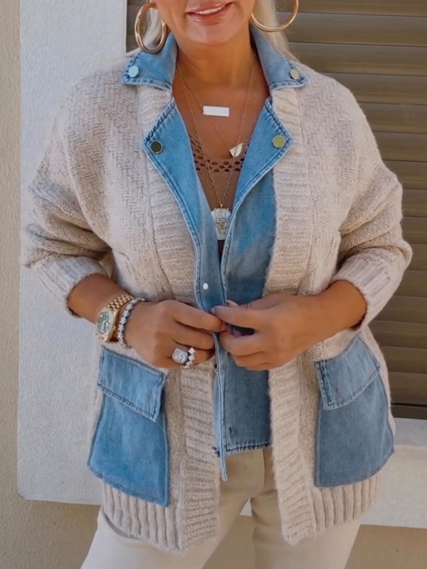 Women's Lapel Knitted Patchwork Denim Casual Jacket