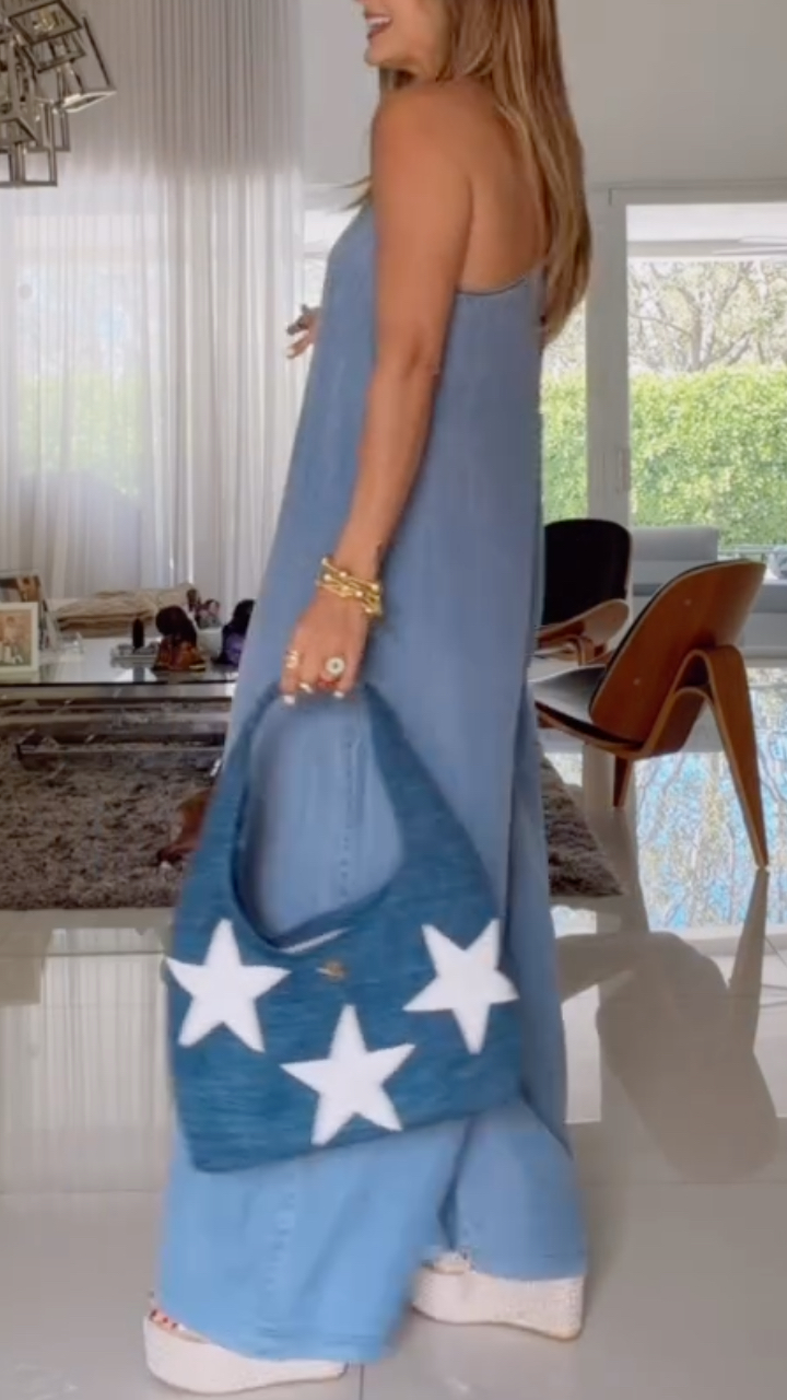 V-Neck Halter Top Tencel Denim Casual Jumpsuit