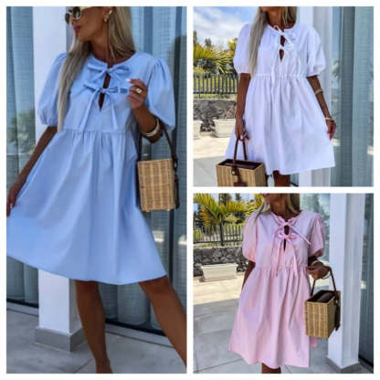 Women’s Trendy Solid Color Bow Tie Front Puff Sleeve Dress