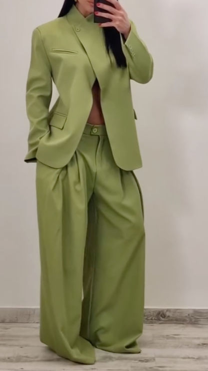 Women's Stand-Up Collar Slit Suit Casual Set