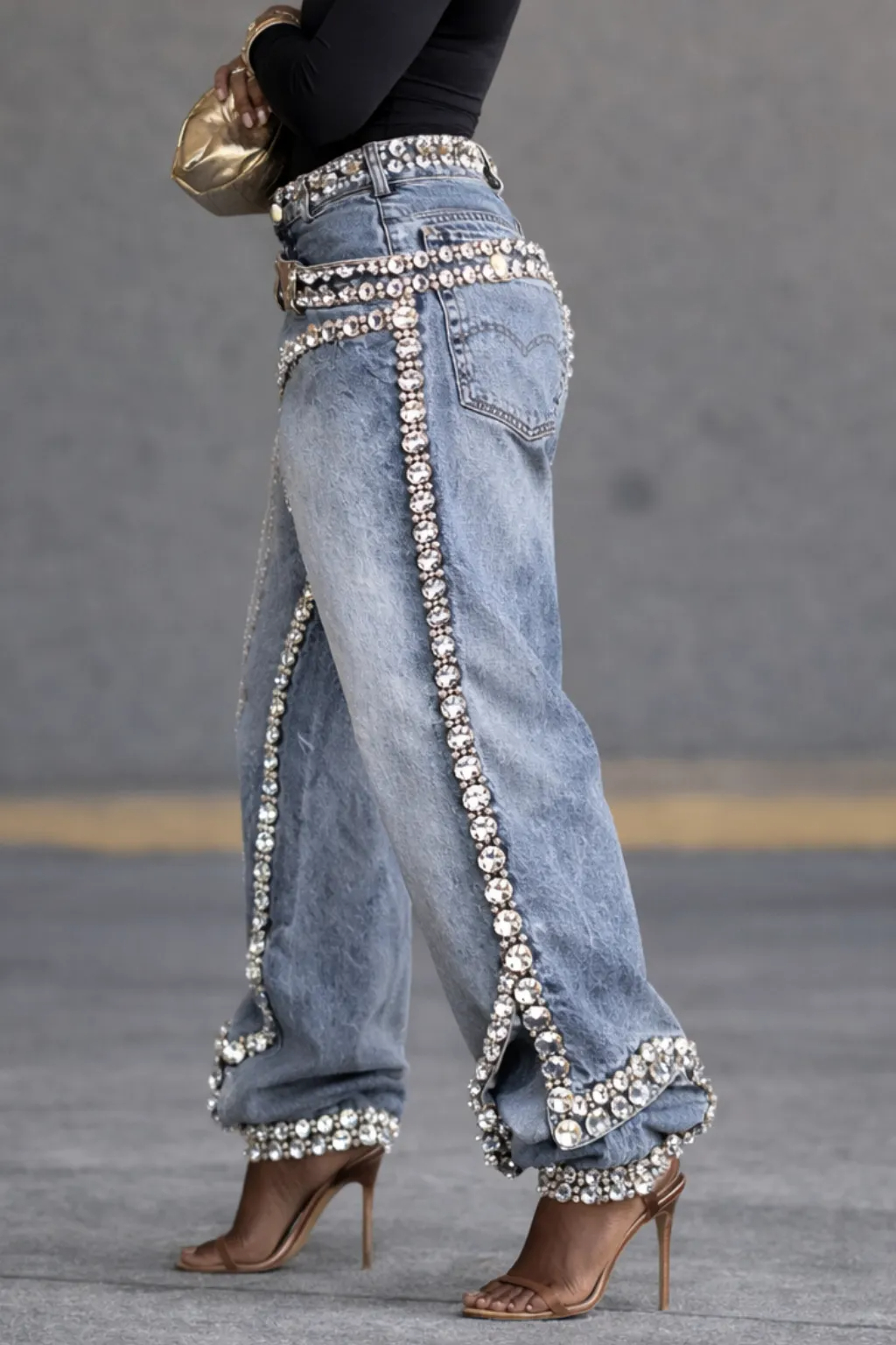 Women's Diamond-Encrusted Faux Two-Piece Denim Jeans