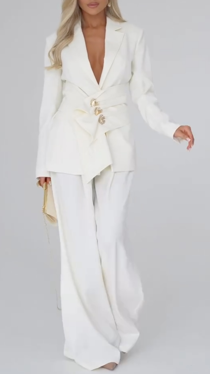 Women's Deep V-neck Fitted Wide-leg Suit