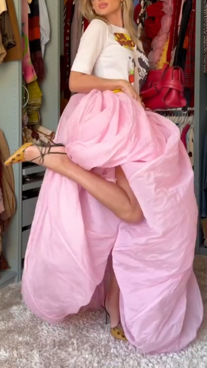 Pink Crinkled Satin High Waist Maxi Skirt