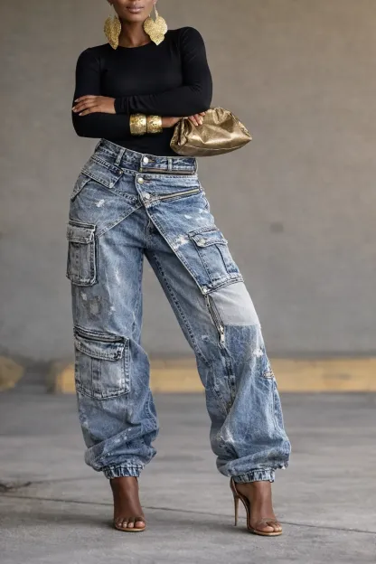 Women's Two-Piece Workwear Zipper Casual Jeans