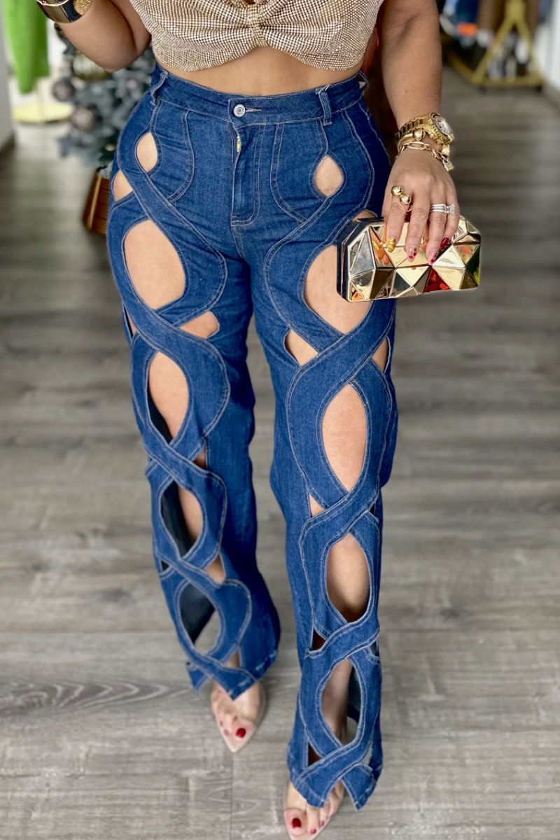 Hollow Out Crisscross Cutout High Waist Flare Jeans