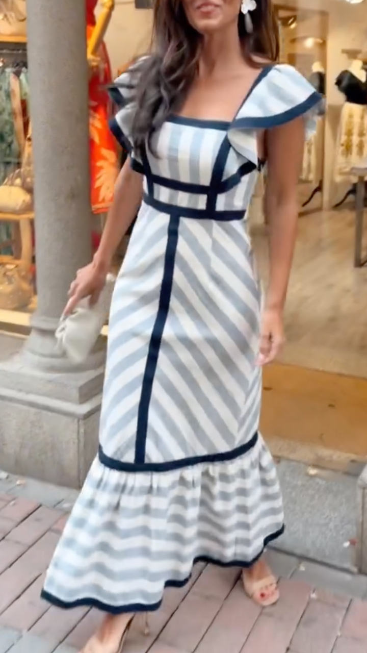 Women's Retro Striped Square Neck Flutter Sleeve Vacation-Style Dress