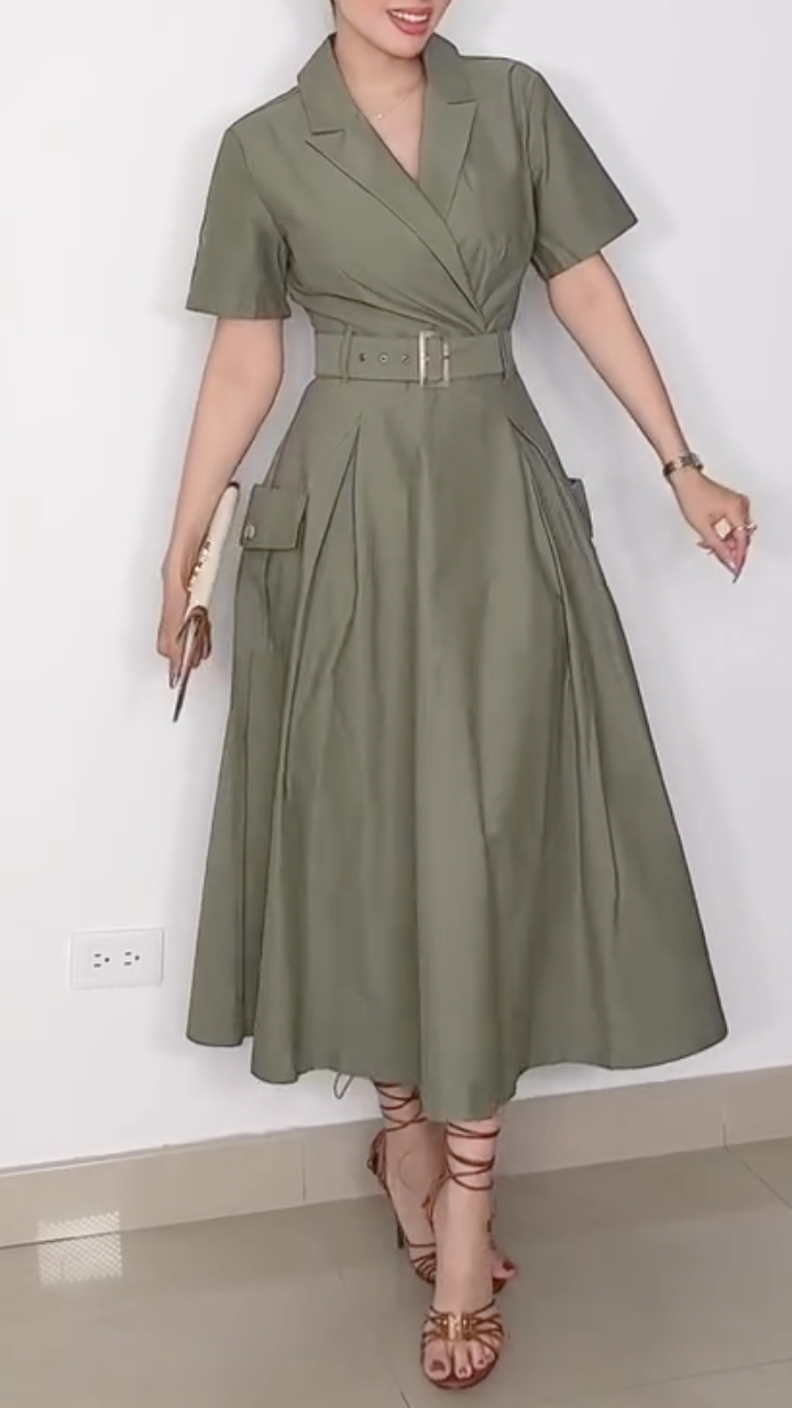 Women's A-Line Dress With Lapel Tie Waist And Elegant Style