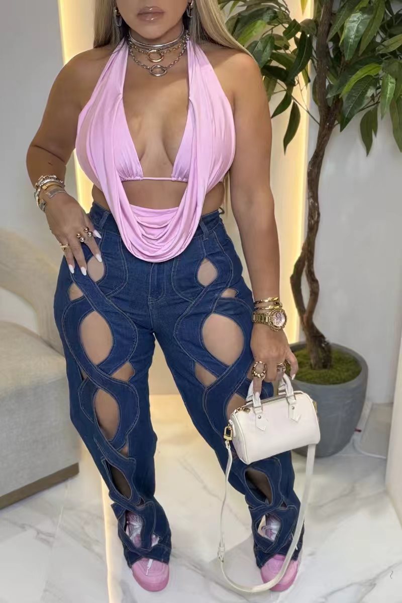 Hollow Out Crisscross Cutout High Waist Flare Jeans