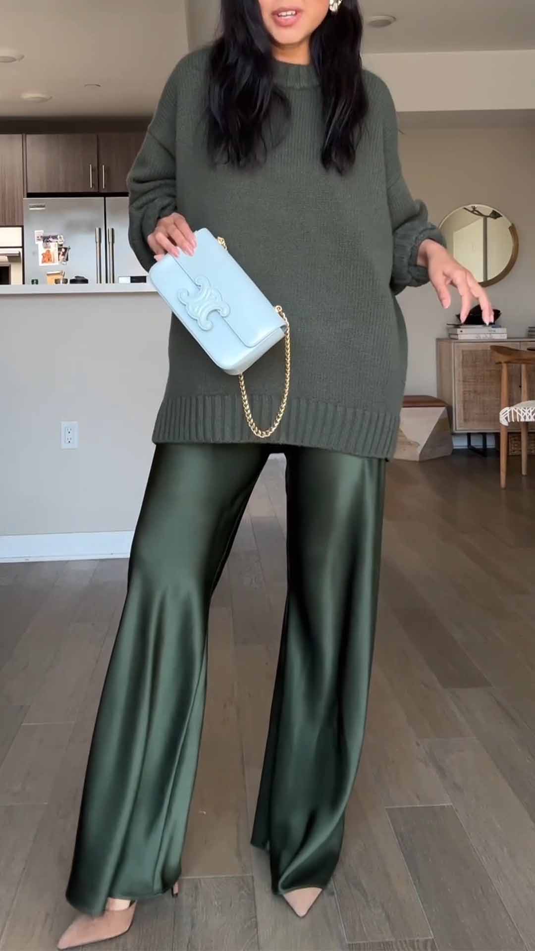 Chocolate Brown Oversized Sweater with Satin Wide - Leg Pants Set