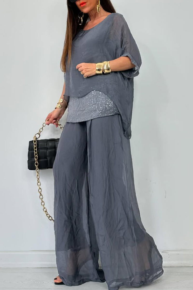 Women's Round Neck Short Sleeve Sequined Trousers Casual Suit