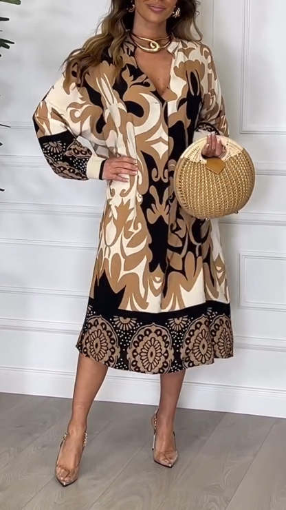 Women's V-neck Printed Loose Maxi Dress