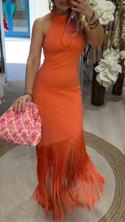 Halter Neck Fringe Hem Midi Dress