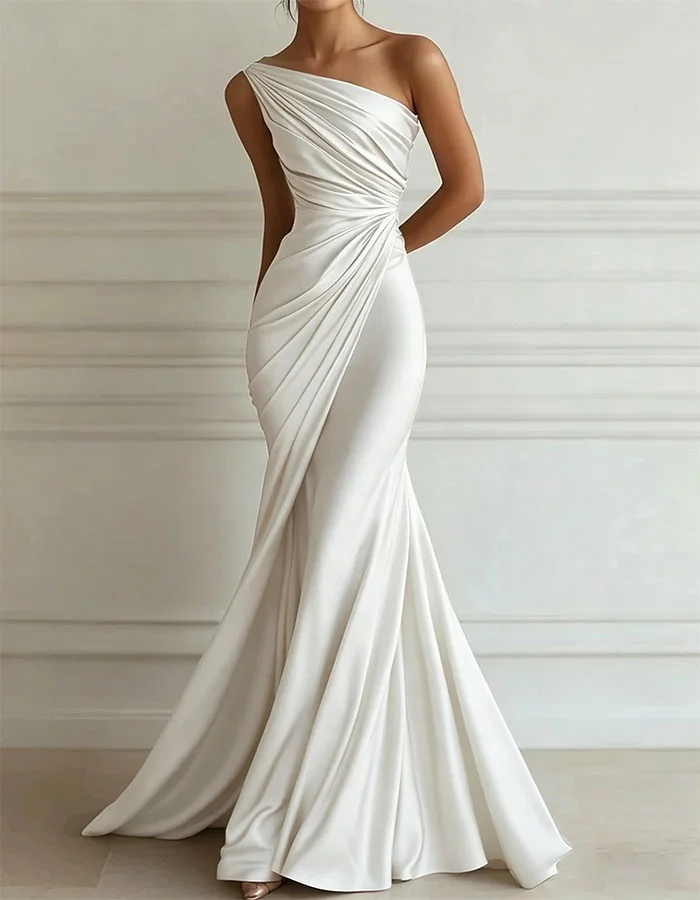 One Shoulder Ruched Satin Mermaid Gown