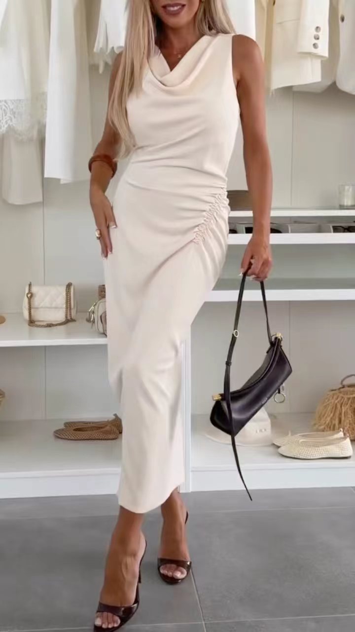 Cowl Neck Sleeveless Ruched Side Midi Dress