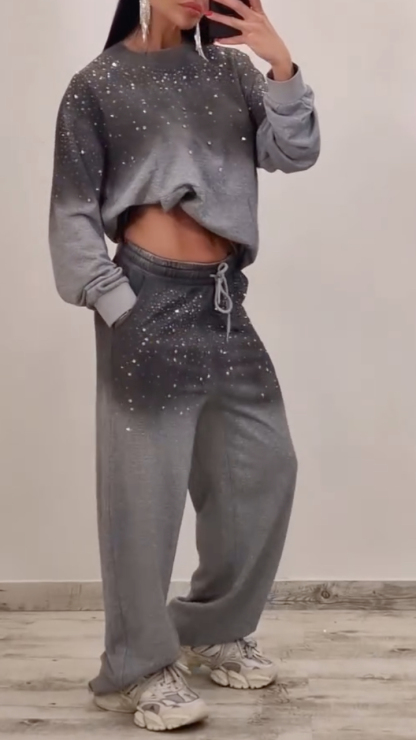 Women's Gradient Rhinestone Casual Hoodie Set