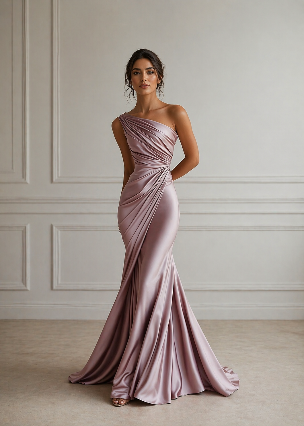 One Shoulder Ruched Satin Mermaid Gown