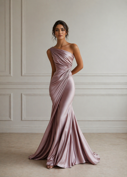 One Shoulder Ruched Satin Mermaid Gown