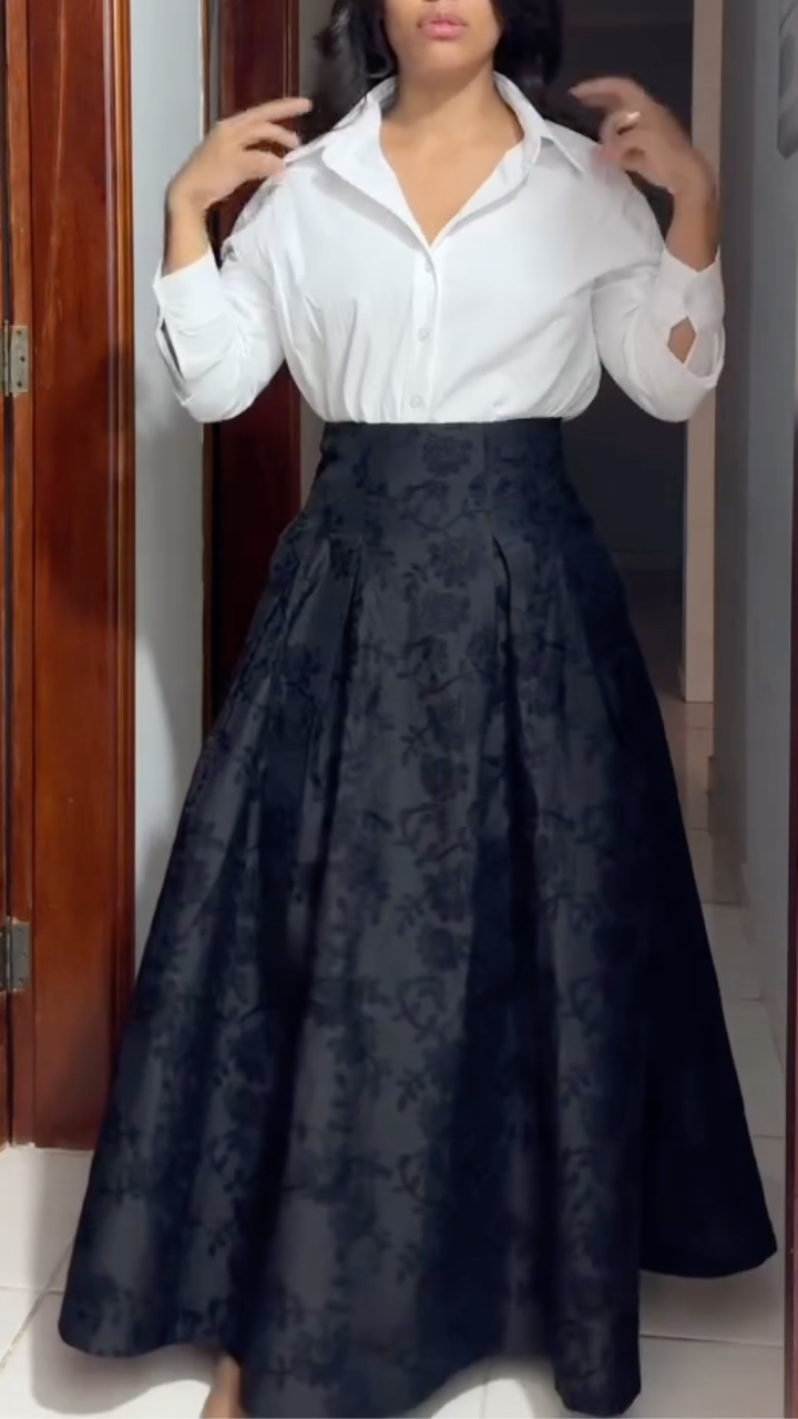 Black Textured Maxi Skirt and White Blouse Outfit