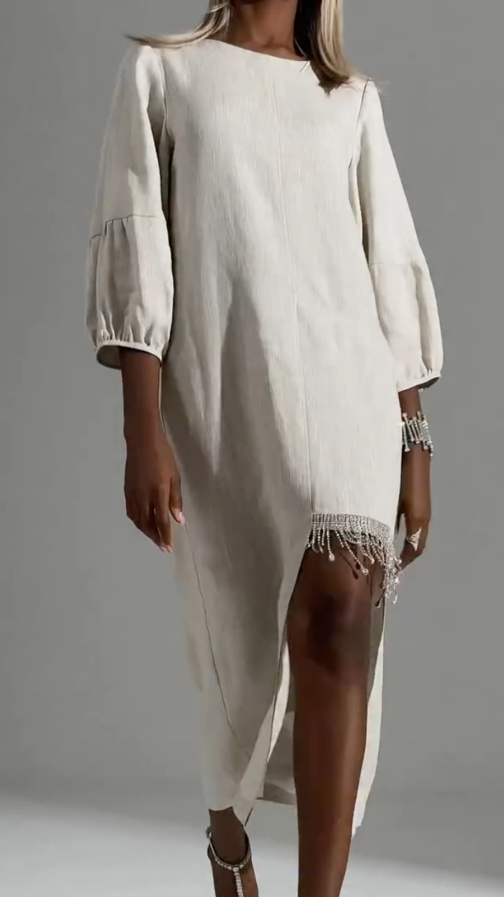Beige Linen Fringe‐Slit Midi Dress