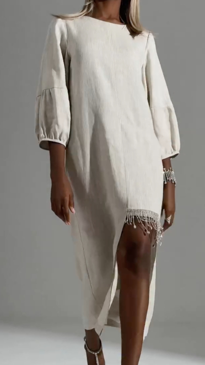 Beige Linen Fringe‐Slit Midi Dress
