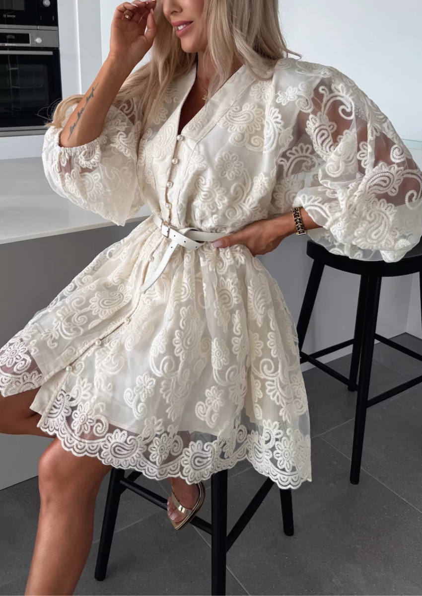 Women's Beige V-Neck Puff Sleeve Lace Embroidered Belted Mini Dress