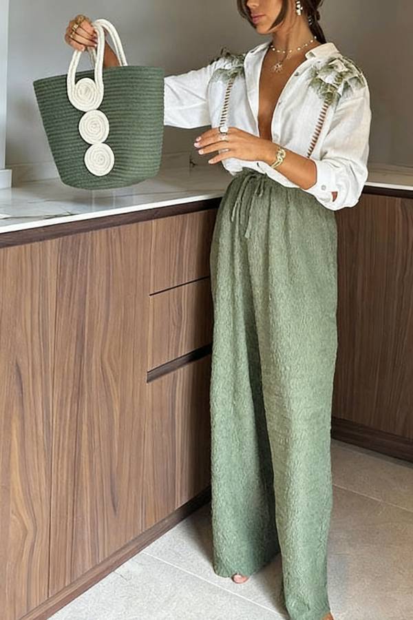 Tropical Calling Unique Print Loose Blouse and Elastic Waist Pocket Pants Set