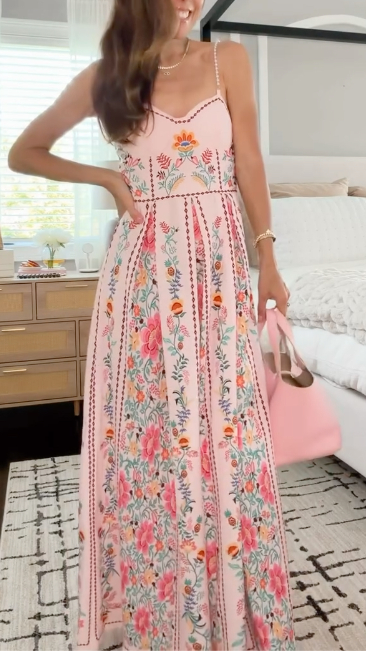 Pink Floral Print Spaghetti Strap Maxi Dress