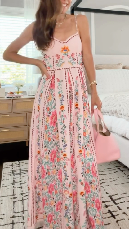 Pink Floral Print Spaghetti Strap Maxi Dress