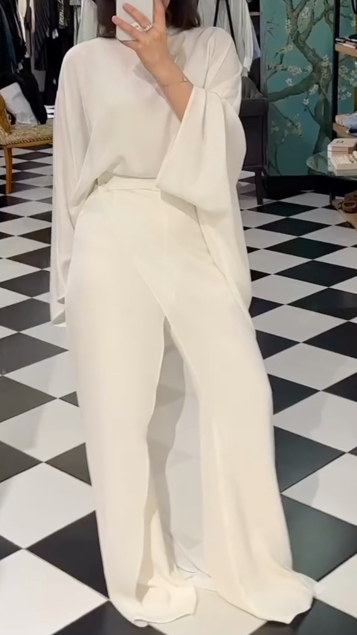 Draped High‐Neck Top & Wrap‐Front Wide Leg Pants Co‐Ord Set