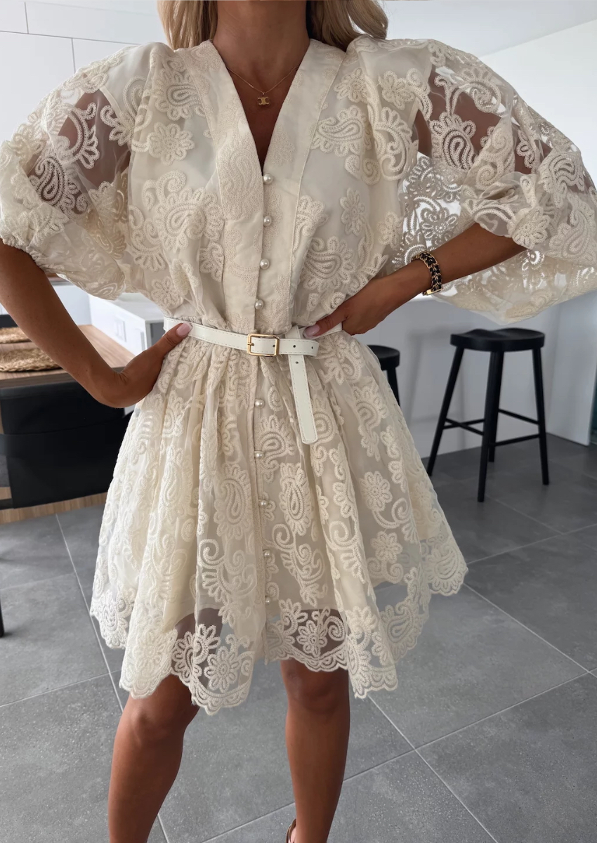 Women's Beige V-Neck Puff Sleeve Lace Embroidered Belted Mini Dress