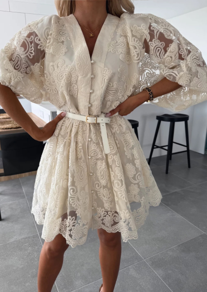 Women's Beige V-Neck Puff Sleeve Lace Embroidered Belted Mini Dress