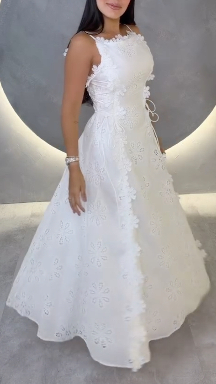 White Floral Eyelet Lace Spaghetti Strap Maxi Dress