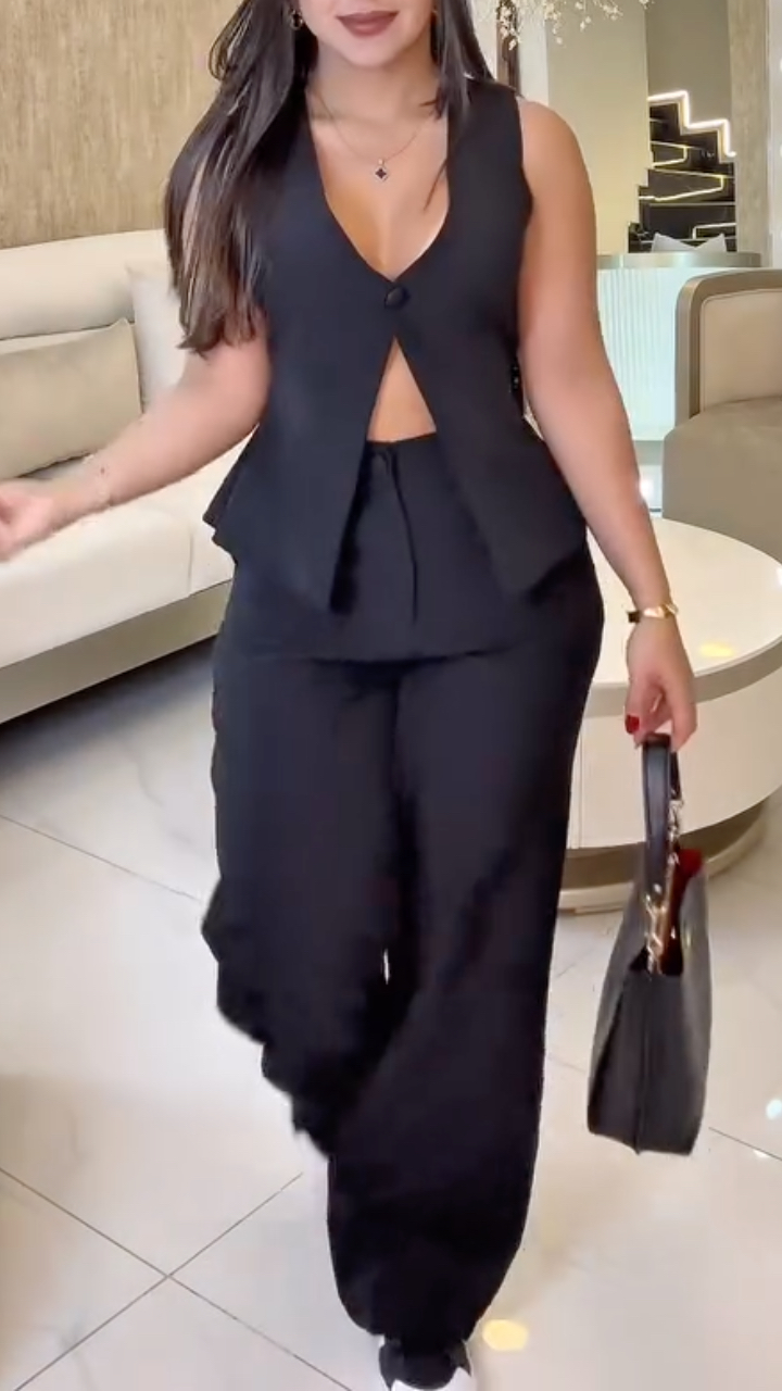 V-Neck Hollow Out Sleeveless Vest & Wide-Leg Pants Set