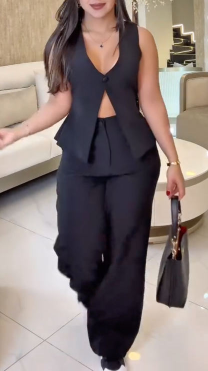 V-Neck Hollow Out Sleeveless Vest & Wide-Leg Pants Set