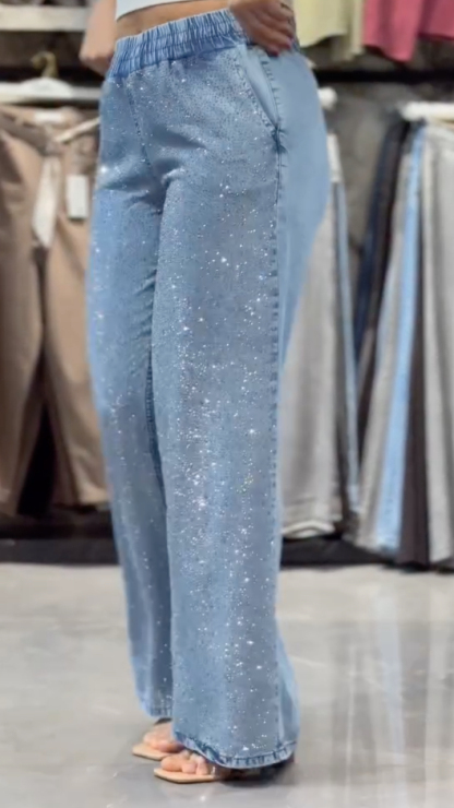 Elastic Waist Full Glitter Sparkle Loose Wide Leg Jeans