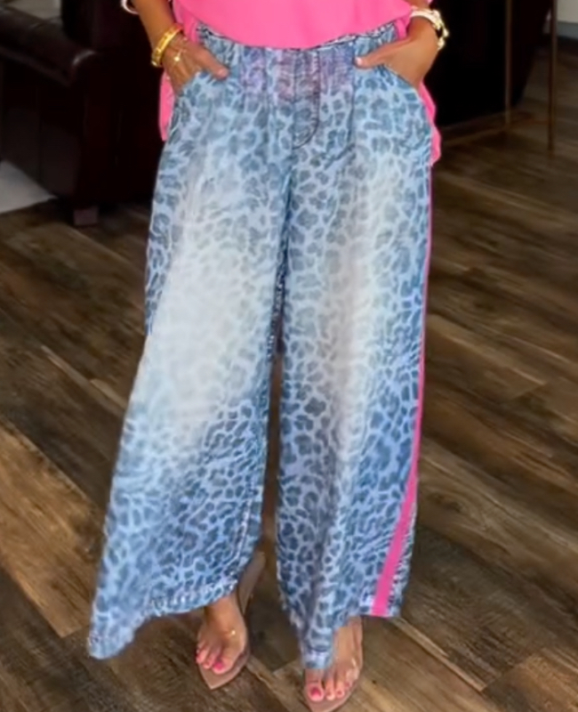 Fluorescent Pink Batwing Sleeve Top + Gradient Blue Leopard Print Wide-Leg Pants Set