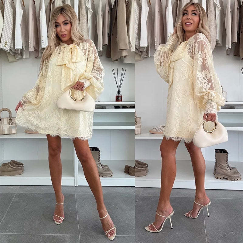 💖Limited Sale 50% OFF💖Lace Mini Dress with Bow Tie Neck