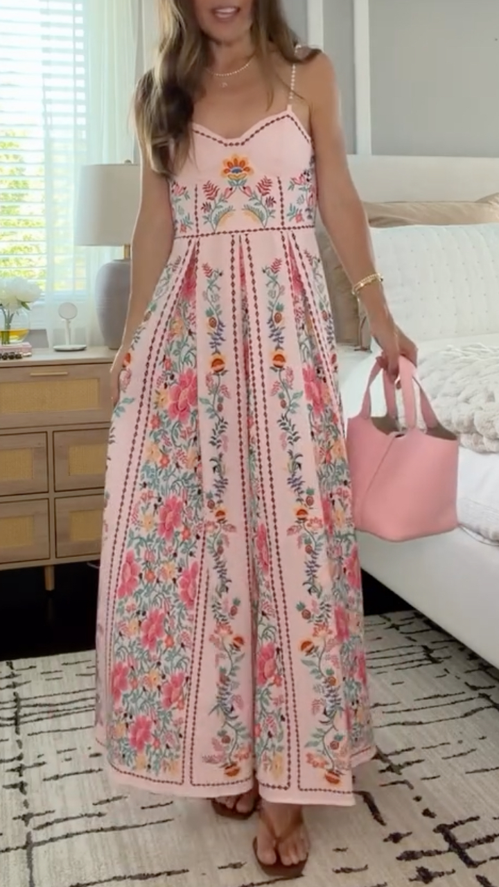 Pink Floral Print Spaghetti Strap Maxi Dress