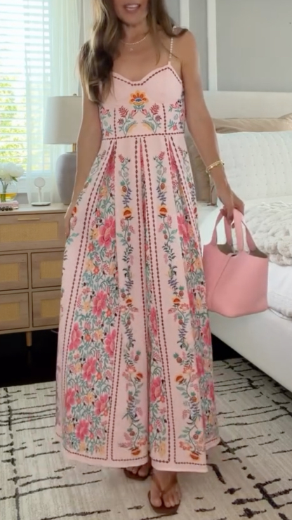 Pink Floral Print Spaghetti Strap Maxi Dress