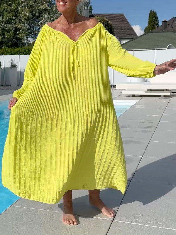 Bright Yellow Pleated Off‐Shoulder Midi Dress