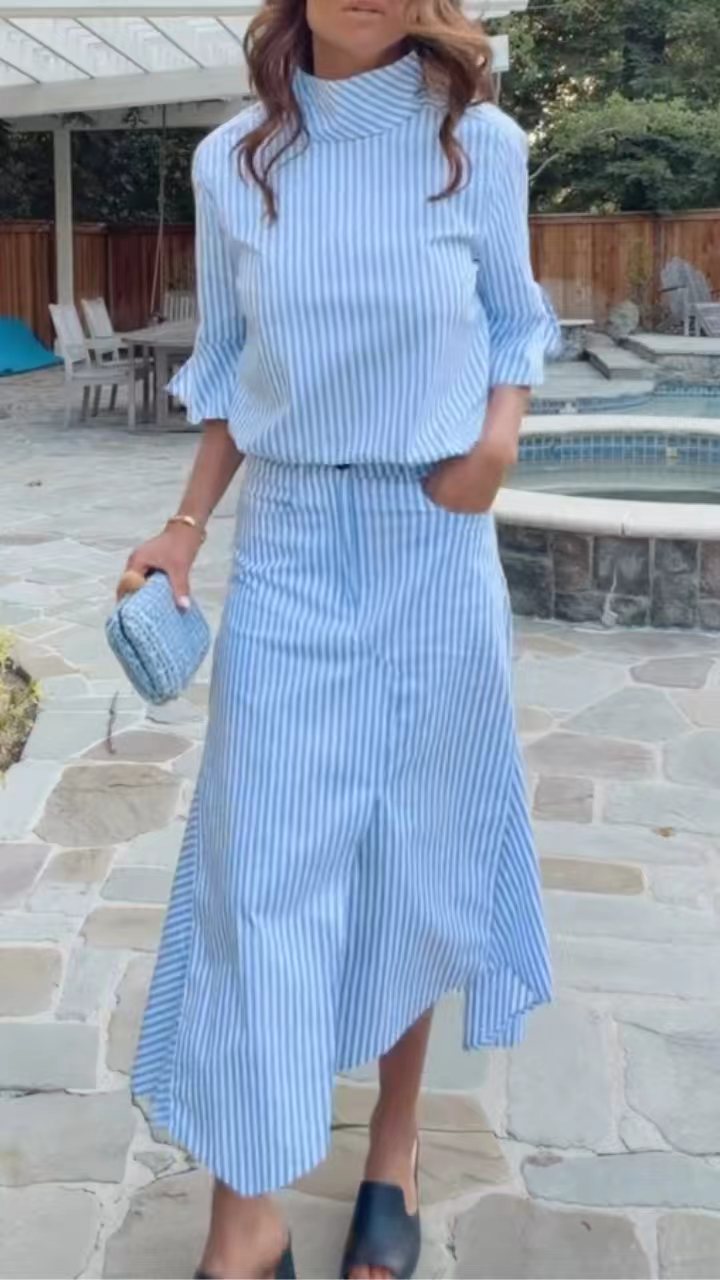 Blue Striped Turtleneck Flare Sleeve Irregular Midi Skirt Two Piece Outfit