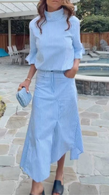 Blue Striped Turtleneck Flare Sleeve Irregular Midi Skirt Two Piece Outfit