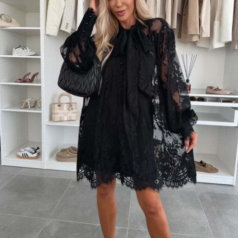 💖Limited Sale 50% OFF💖Lace Mini Dress with Bow Tie Neck