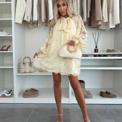 💖Limited Sale 50% OFF💖Lace Mini Dress with Bow Tie Neck